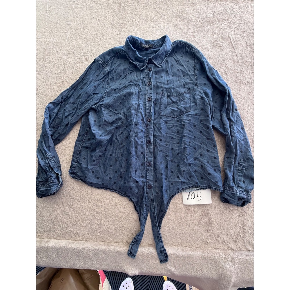 Velvet Heart Button Down Shirt Womens Large Blue Polka Dot Tie Front